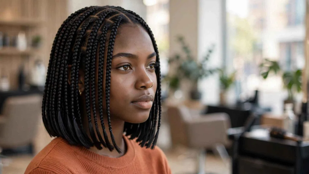 Bob braids hairstyles: classic box braid bob with blunt ends on a model