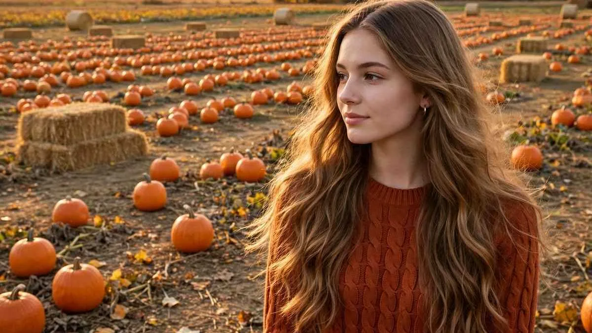 Young woman with long loose waves showing pumpkin patch hairstyles at a fall pumpkin farm
