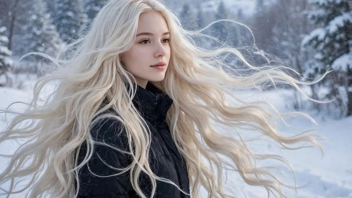 Winter blonde hair in icy platinum worn long in snow light, a winter blonde hair color idea