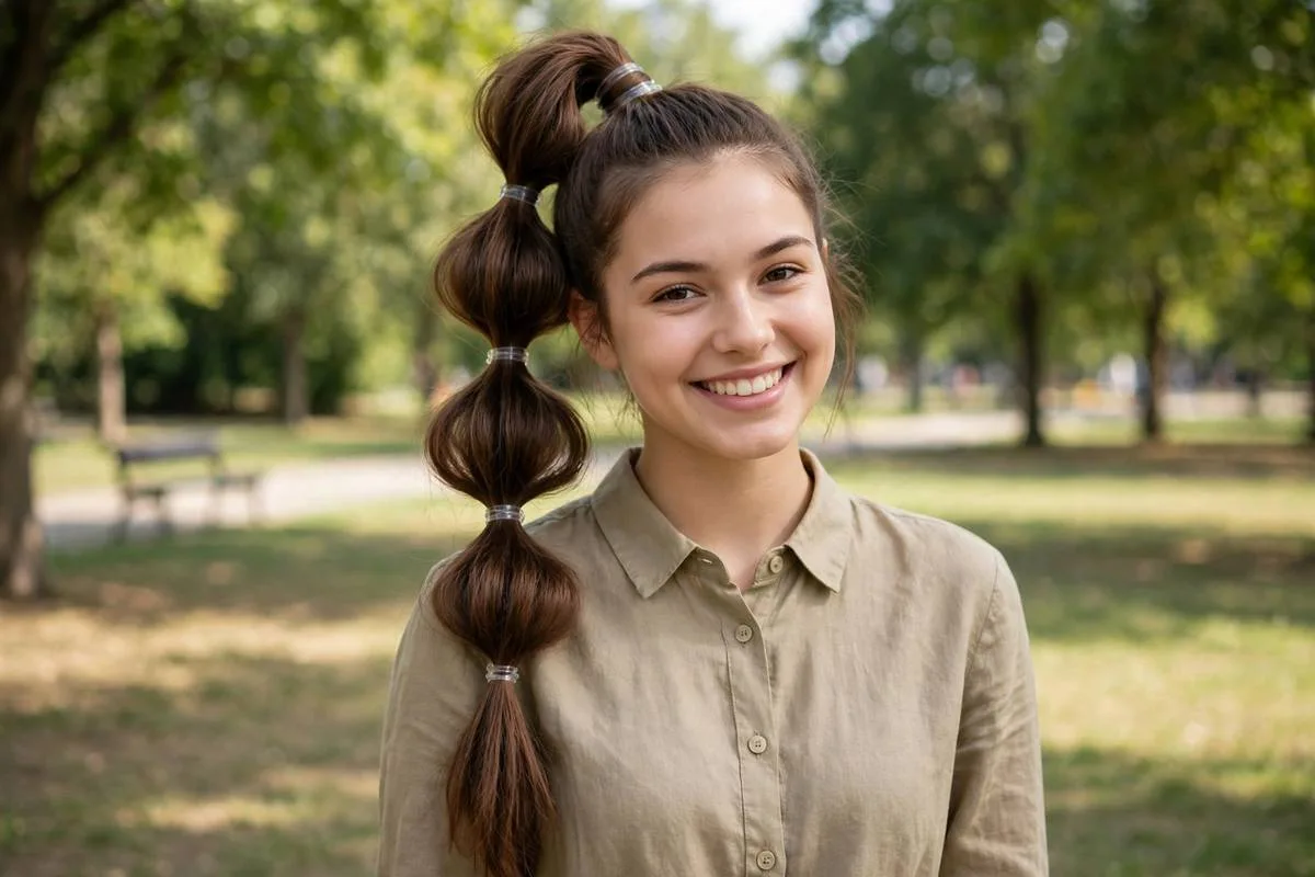 Young woman wearing bubble braid hairstyles in a high bubble ponytail outdoors