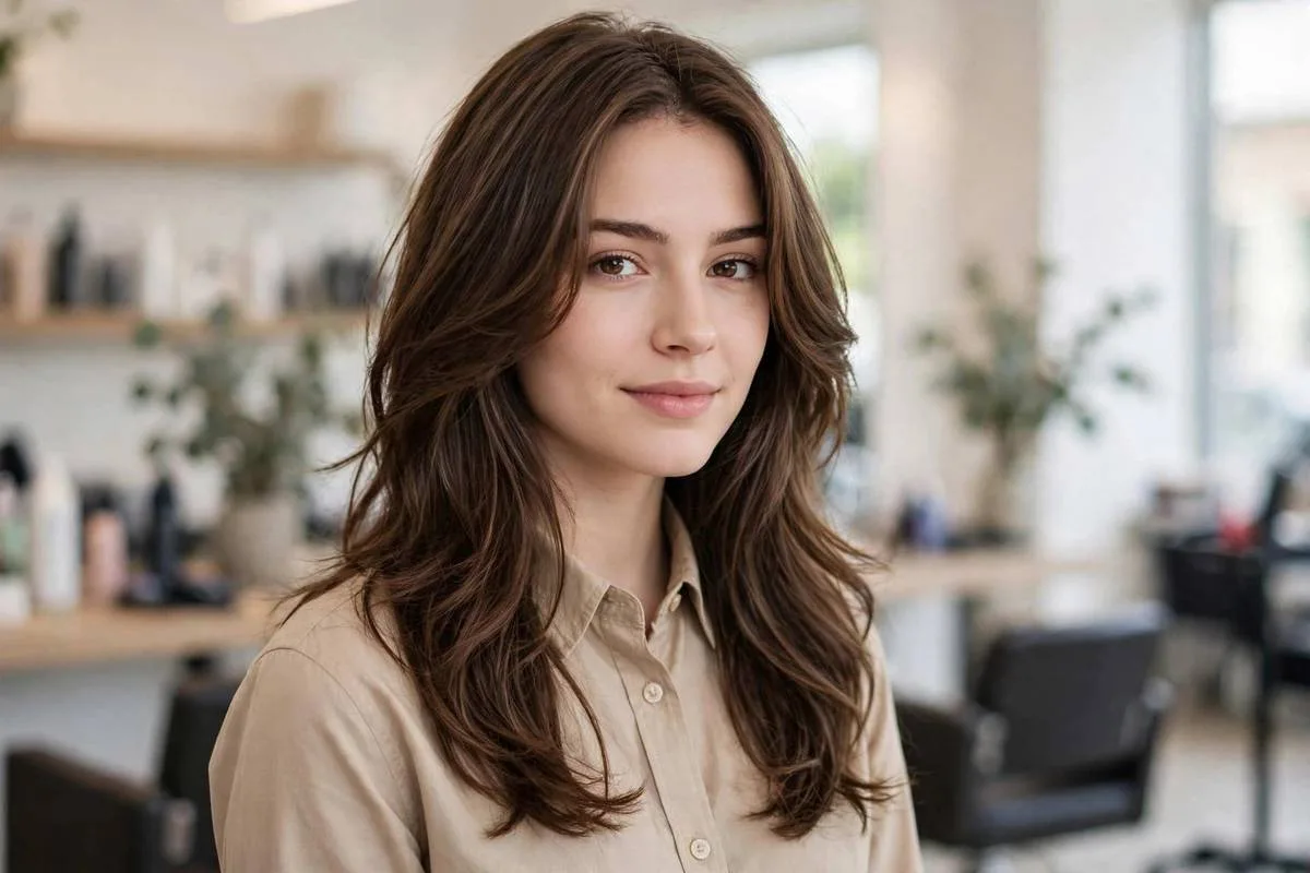 Woman showing a long layered haircuts 2026 women look in a bright salon
