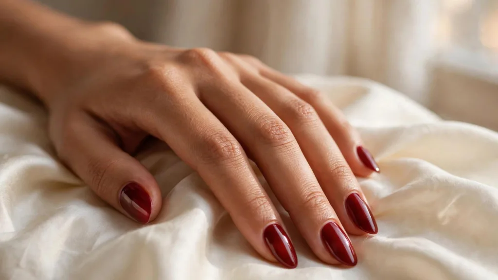 Nail colors for skin tone guide: a model's hand with oxblood red nails showing flattering contrast against medium skin