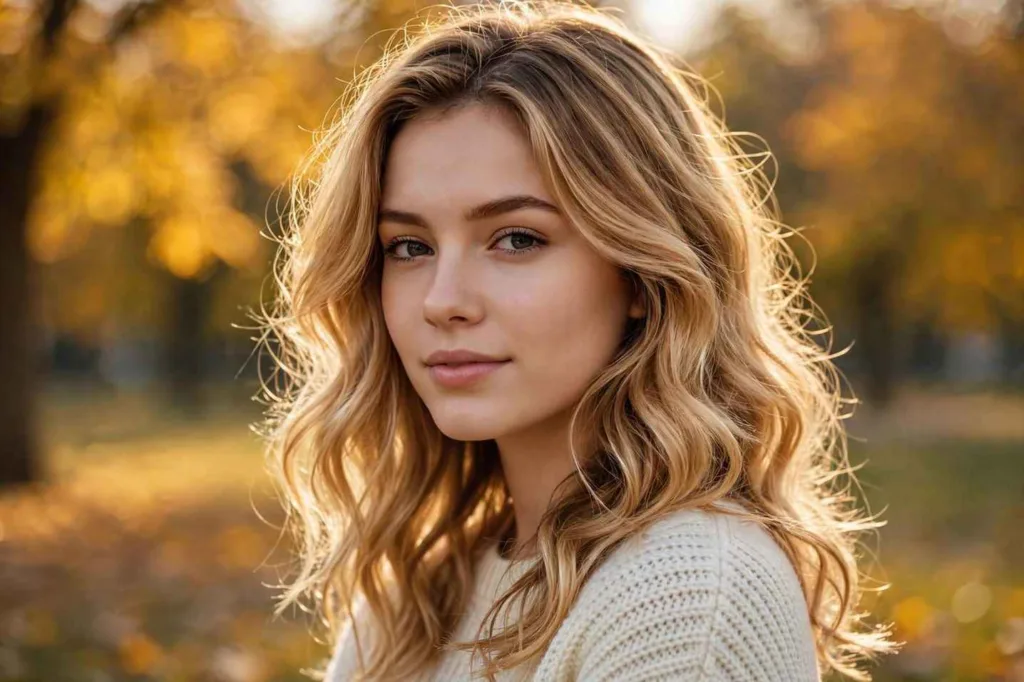 Fall blonde hair 2026: model with warm honey blonde hair in soft autumn light