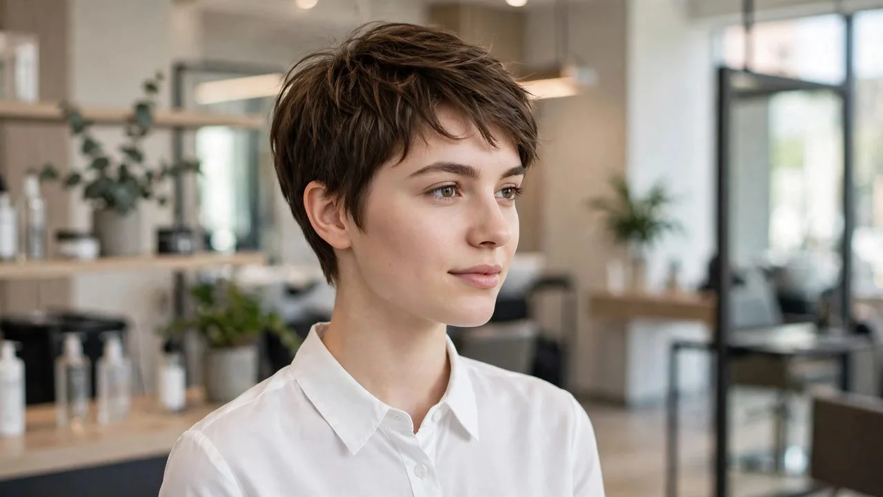 Woman with feminine pixie cuts in a soft textured style at a salon