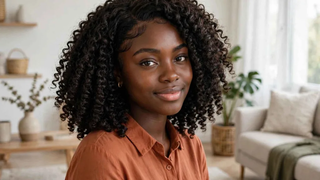 Young Black woman wearing half wig hairstyles black women love, in kinky curls with her own hairline blended in front