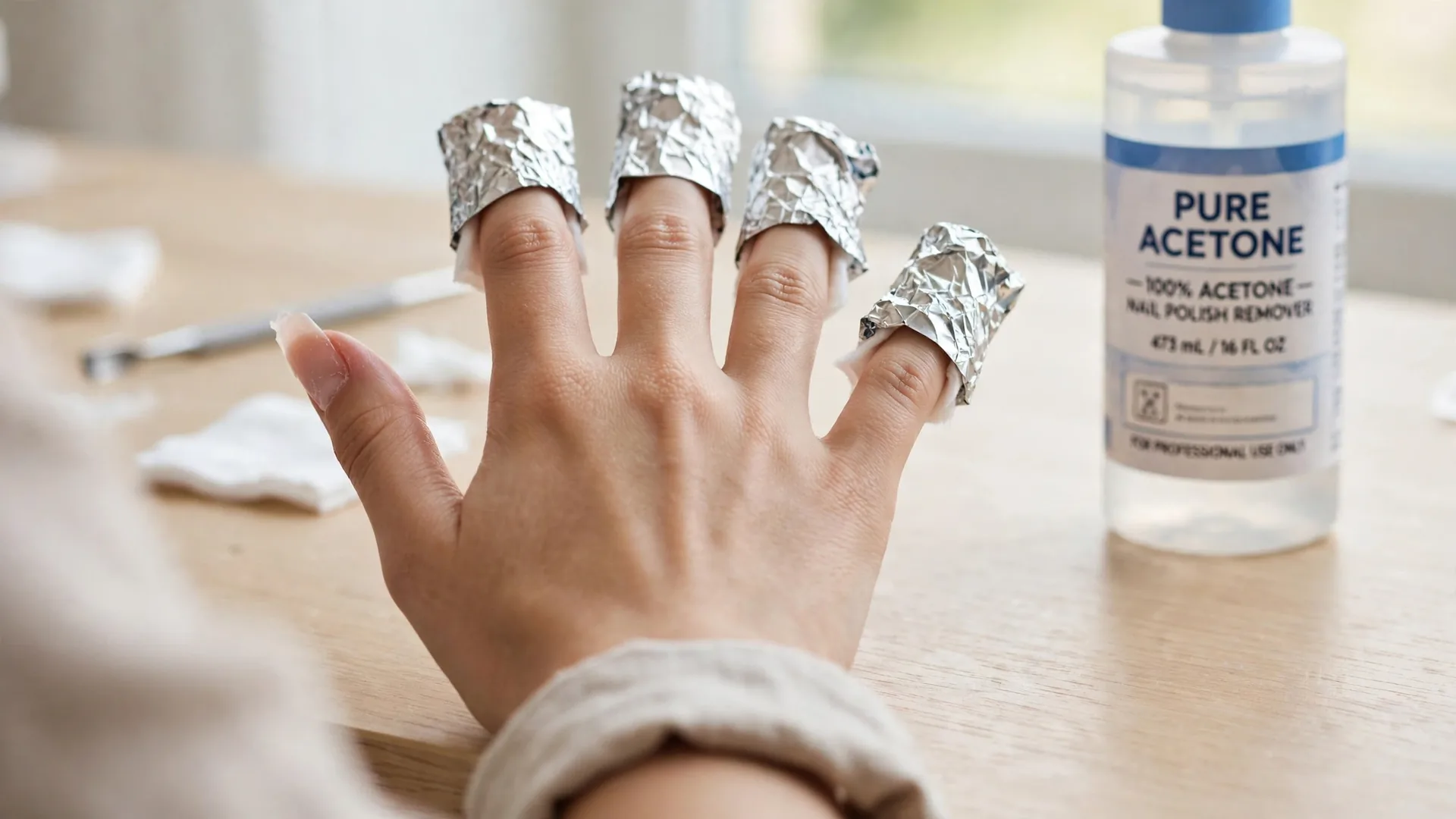 How to remove acrylic nails safely at home: fingertips wrapped in acetone-soaked cotton and foil during the soak step