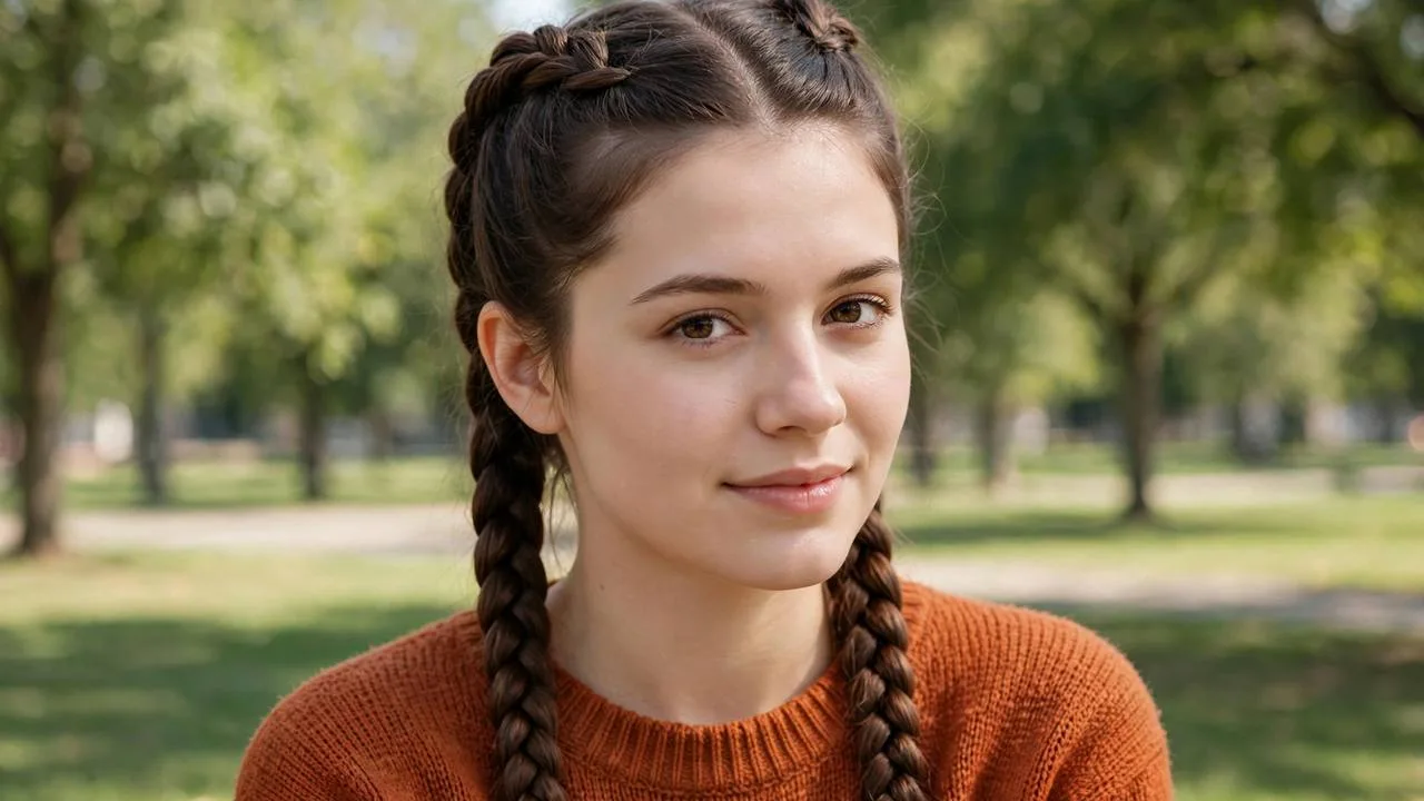 Young woman wearing dutch braid hairstyles as double braids outdoors