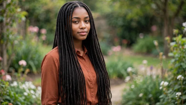Young woman wearing faux locs hairstyles at waist length outdoors, front view