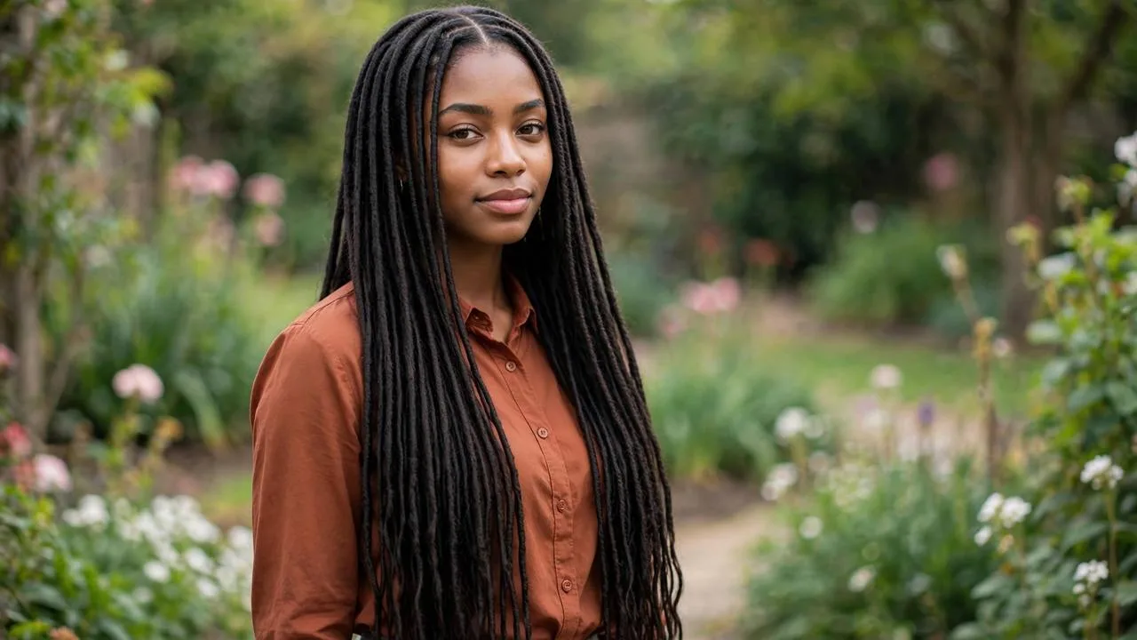 Young woman wearing faux locs hairstyles at waist length outdoors, front view