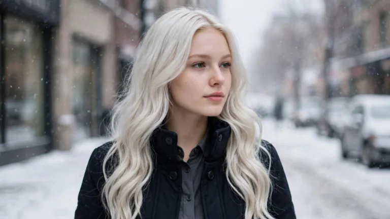 Winter hair colors for blondes shown as long icy platinum waves worn with a dark winter coat