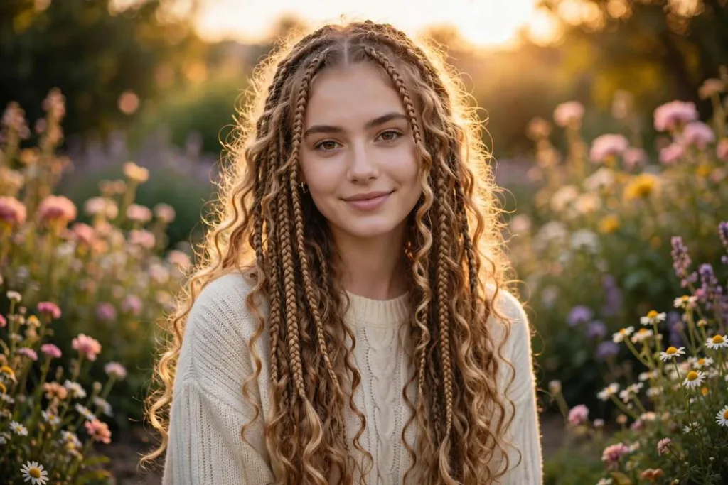 Woman with long boho braids hairstyles, waist-length knotless braids woven with honey-blonde curls in golden garden light