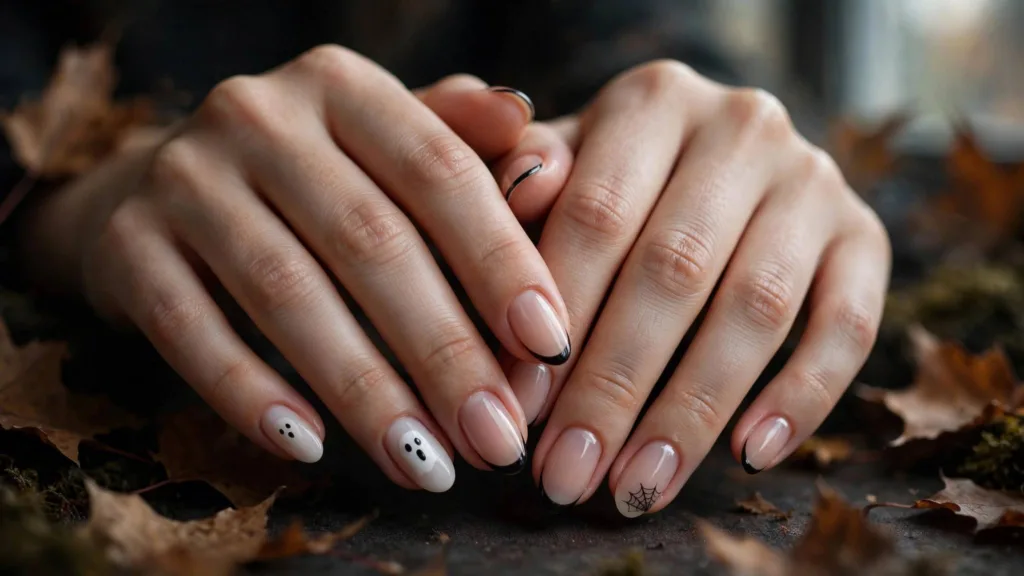 Minimalist Halloween nails with tiny ghost faces, hairline black French tips and a corner spiderweb on milky and nude bases