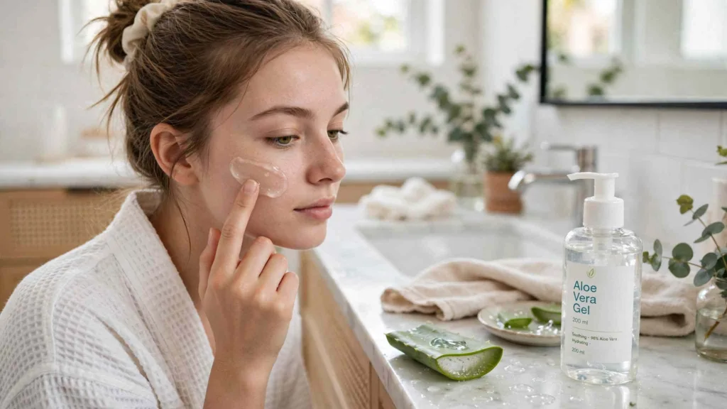Woman applying clear gel to her cheek for aloe vera for skin care at a bright bathroom vanity, a cut aloe leaf and a labeled Aloe Vera Gel 200 ml bottle on the counter