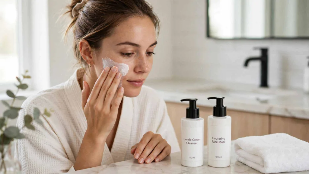 Woman applying a white cream mask to her cheek during an at home facial at a bright vanity, labeled Gentle Cream Cleanser 150 ml and Hydrating Face Mask 100 ml on the counter