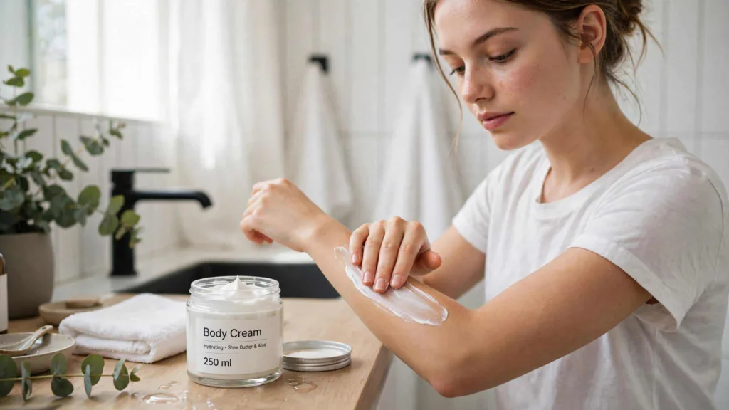 Woman smoothing body cream onto her forearm during a body care routine in a bright bathroom, a labeled Body Cream 250 ml jar on the counter