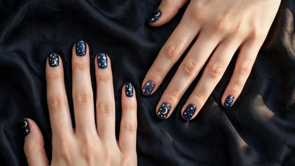 Dark celestial nails with gold crescent moons and stars on a midnight blue manicure
