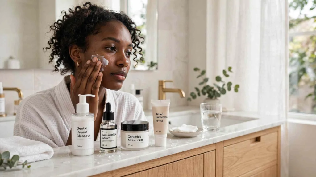 Woman with deep brown skin applying cream to her cheek for skincare for dark skin at a bright vanity, labeled Gentle Cream Cleanser 150 ml, Niacinamide Serum 30 ml, Ceramide Moisturizer 50 ml and Tinted Sunscreen SPF 30 50 ml on the counter