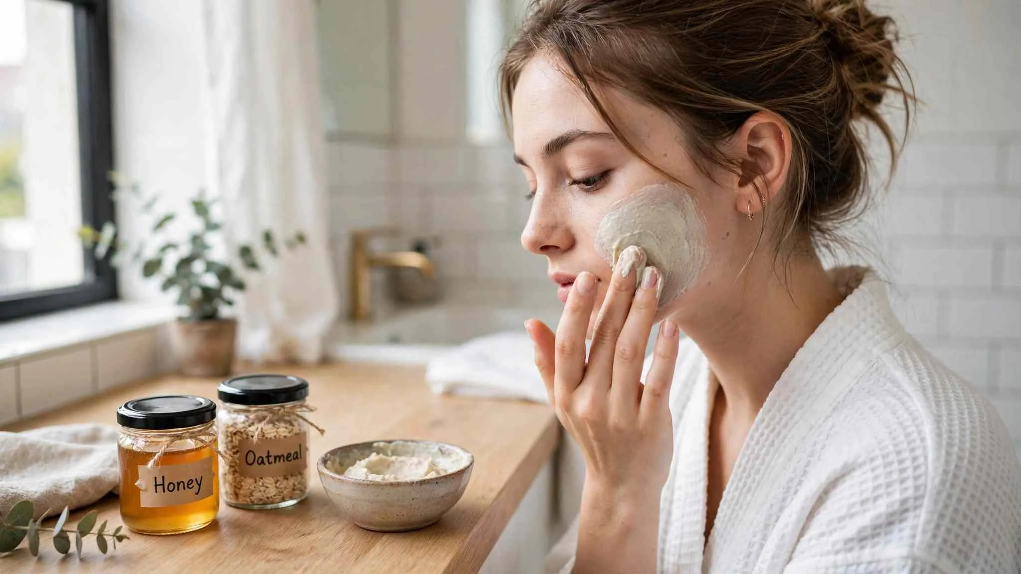 Woman applying a pale oatmeal mask for DIY face masks in a bright bathroom, labeled Honey and Oatmeal jars on the counter
