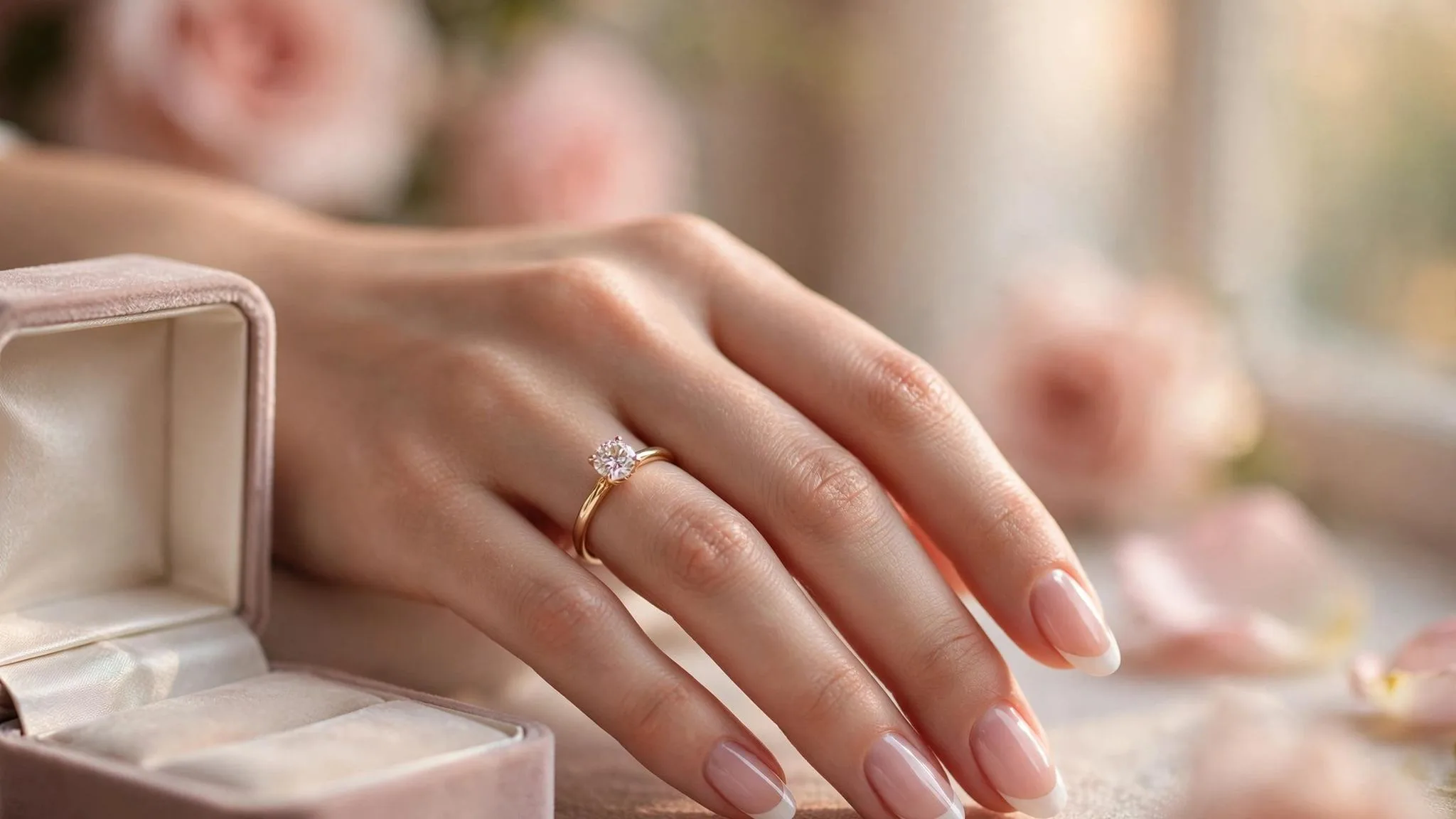 Woman's hand with classic French tip engagement nails and a diamond solitaire ring beside an open ring box
