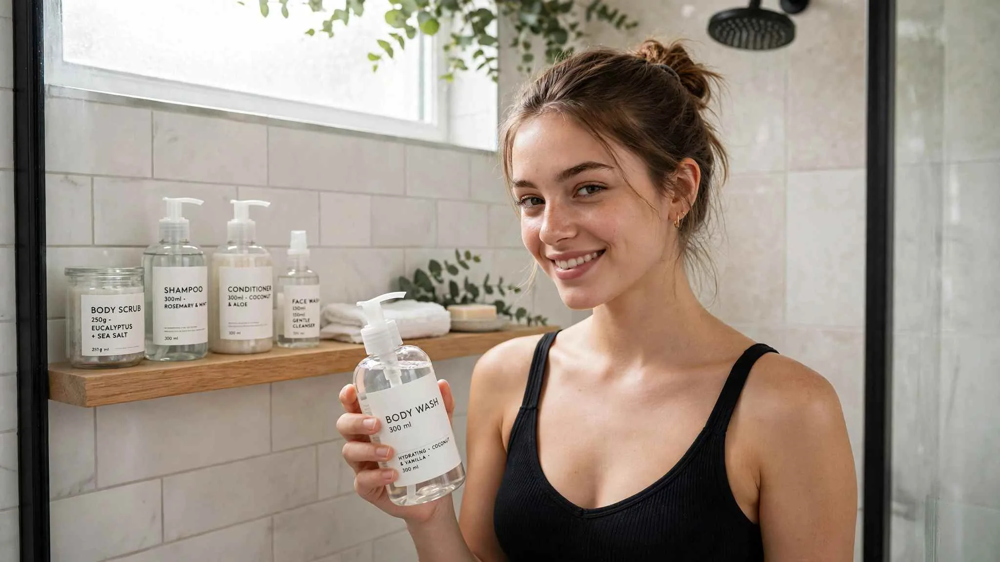 Woman holding a labeled Body Wash 300 ml bottle during an everything shower routine in a bright shower, labeled shampoo and conditioner bottles on the shelf