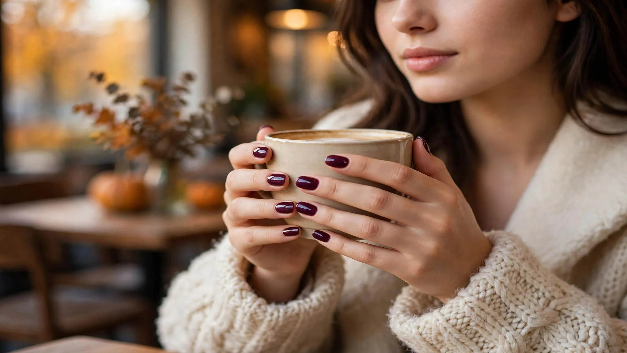 Fall nails plum in deep aubergine creme on almond nails, hand resting on a wool coat sleeve