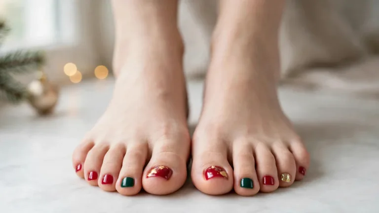 Christmas toe nails festive pedicure with red and gold foil big toes, emerald second toes and a gold glitter accent