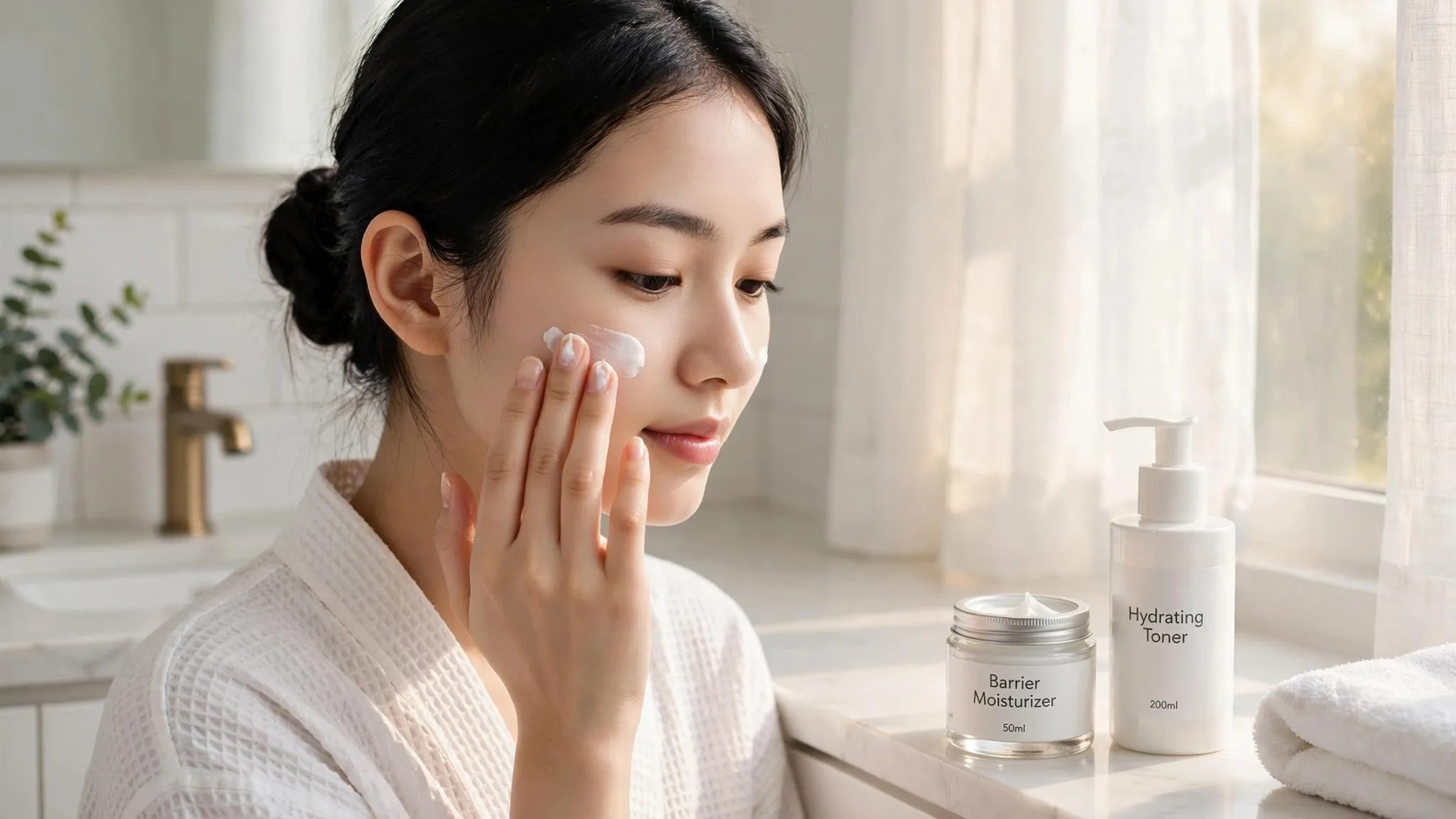 Woman applying moisturizer as part of a beginner glass skin routine in bright morning light