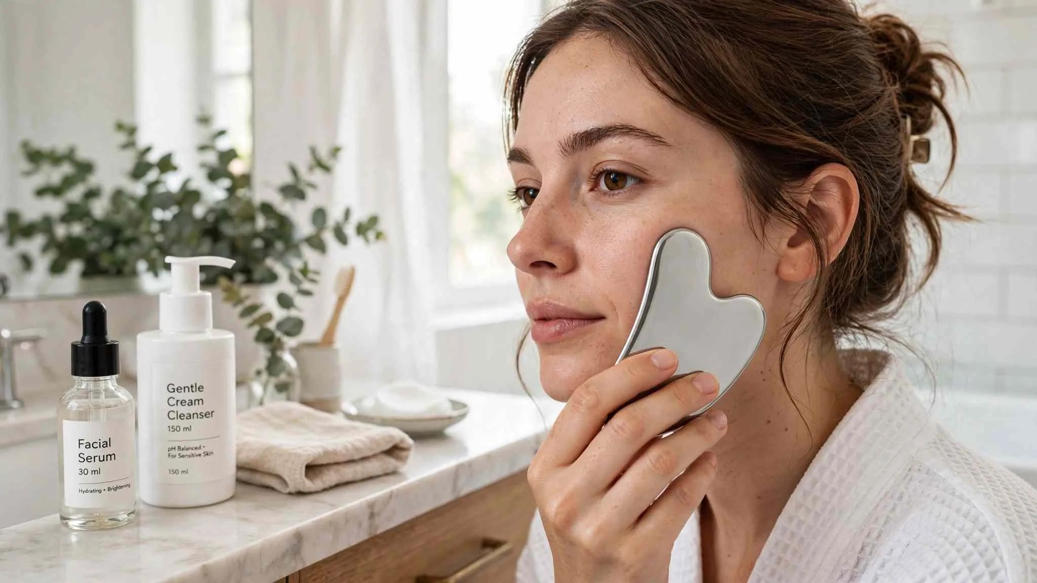 Woman gliding a stainless steel gua sha tool along her cheek during a gua sha routine at a bright vanity, labeled Facial Serum 30 ml and Gentle Cream Cleanser 150 ml on the counter