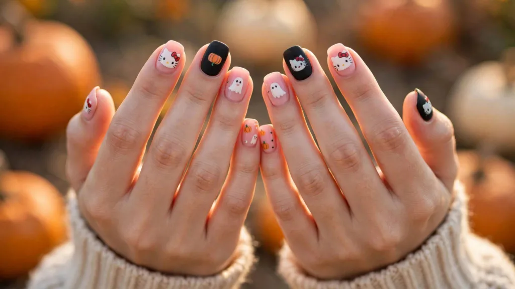 Halloween nails Hello Kitty set with bows, pumpkins, and ghost art on glossy nails