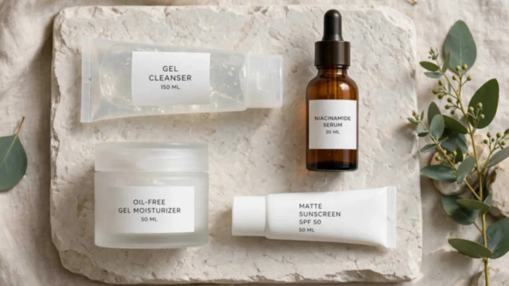 Skincare routine for oily skin with gel cleanser, niacinamide serum, oil-free gel moisturizer and matte sunscreen arranged on a stone tray