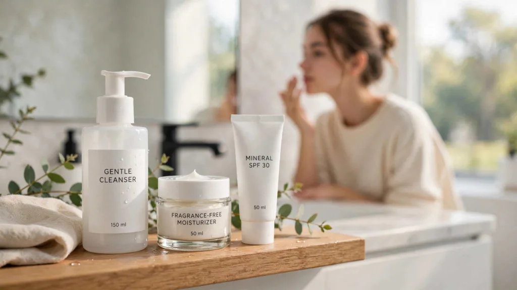 Pregnancy safe skincare essentials: gentle cleanser, fragrance-free moisturizer and mineral SPF 30 on a bright bathroom shelf