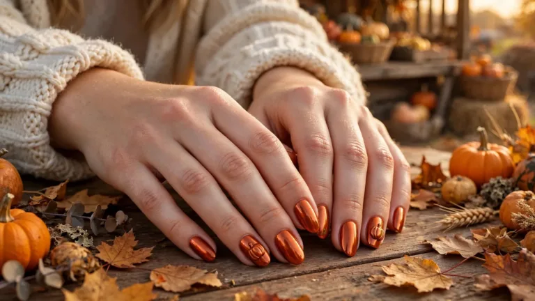 Vibrant burnt-orange chrome manicure