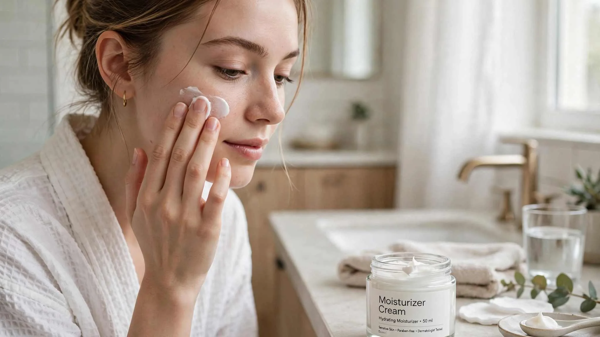 Woman pressing moisturizer onto her cheek while learning how to reduce redness on face in a bright bathroom, a labeled Moisturizer Cream 50 ml jar on the counter