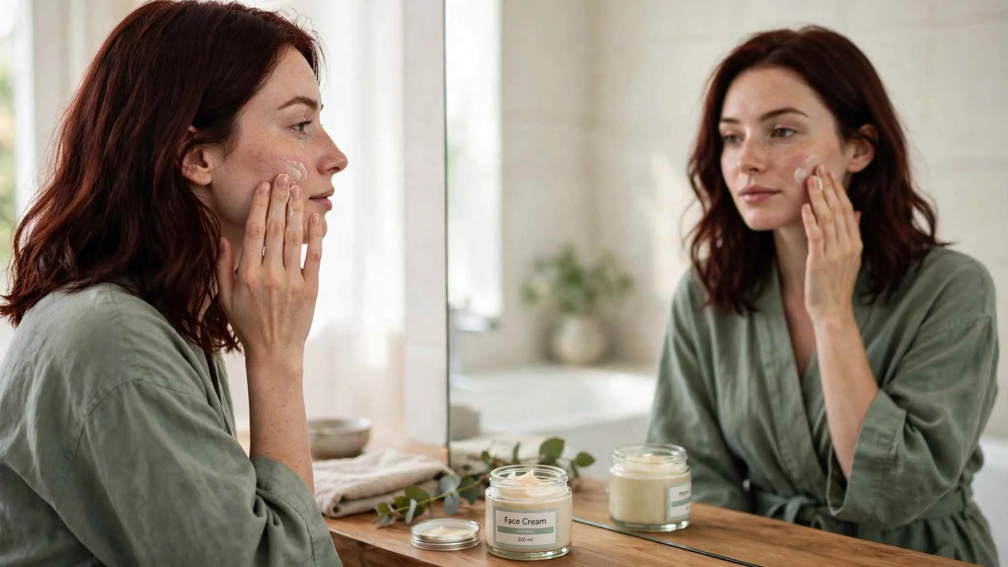 Woman with rosacea applying face cream at a bathroom mirror as part of a rosacea skincare routine, her reflection showing the same hand on the same cheek, a labeled Face Cream 200 ml jar on the counter