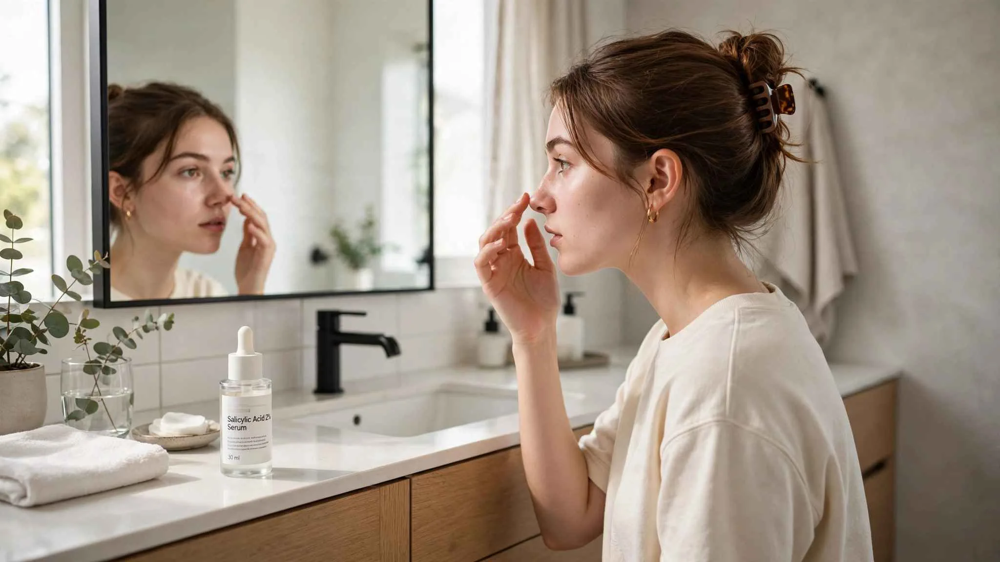 Woman checking sebaceous filaments on her nose in a bright bathroom mirror beside a labeled salicylic acid bottle