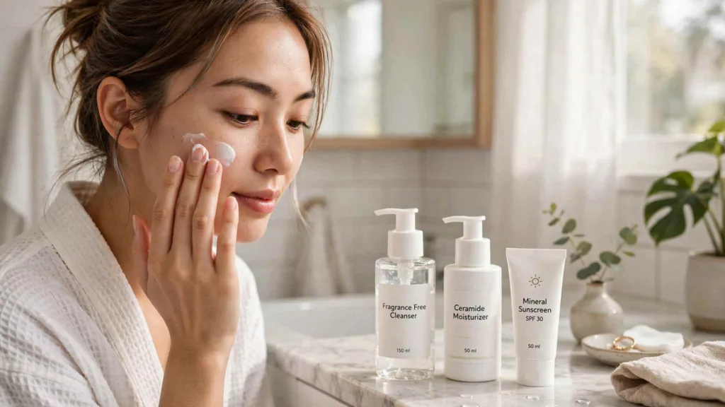 Woman applying ceramide cream to her cheek during a skincare routine for sensitive skin at a bright vanity, labeled Fragrance Free Cleanser 150 ml, Ceramide Moisturizer 50 ml and Mineral Sunscreen SPF 30 50 ml on the counter
