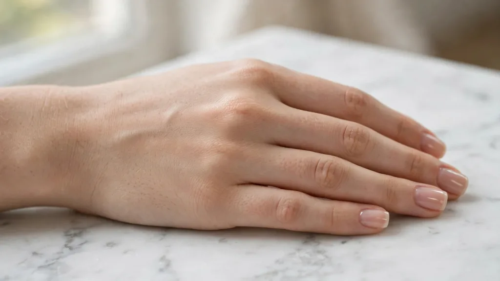 Short square nails in a glossy sheer nude shade on a dorsal hand over white marble