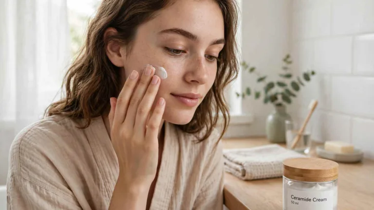 Woman applying ceramide cream to her cheek during skin barrier repair in a bright bathroom, a labeled Ceramide Cream 50 ml jar on the counter
