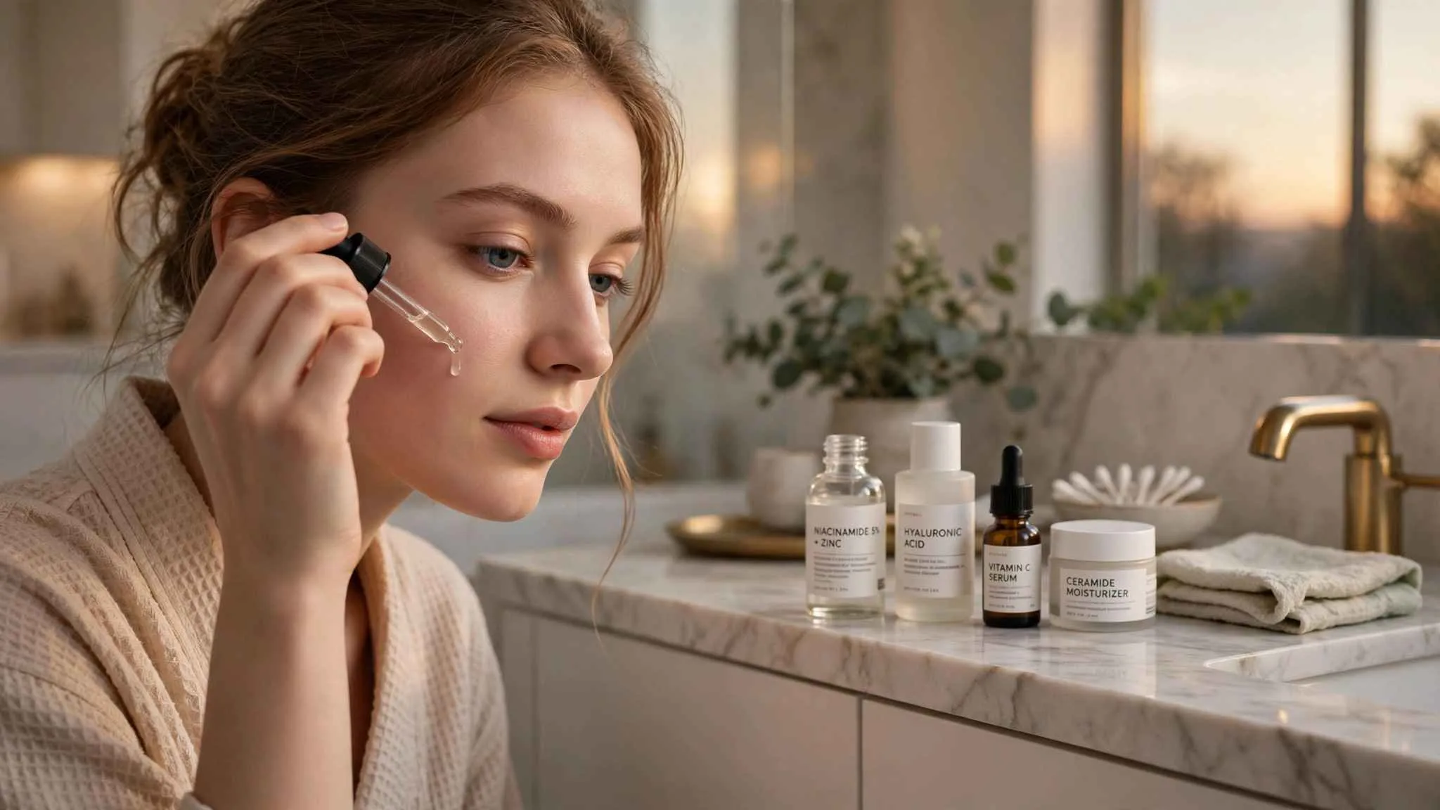 Woman with clear glowing skin following a skin cycling night routine