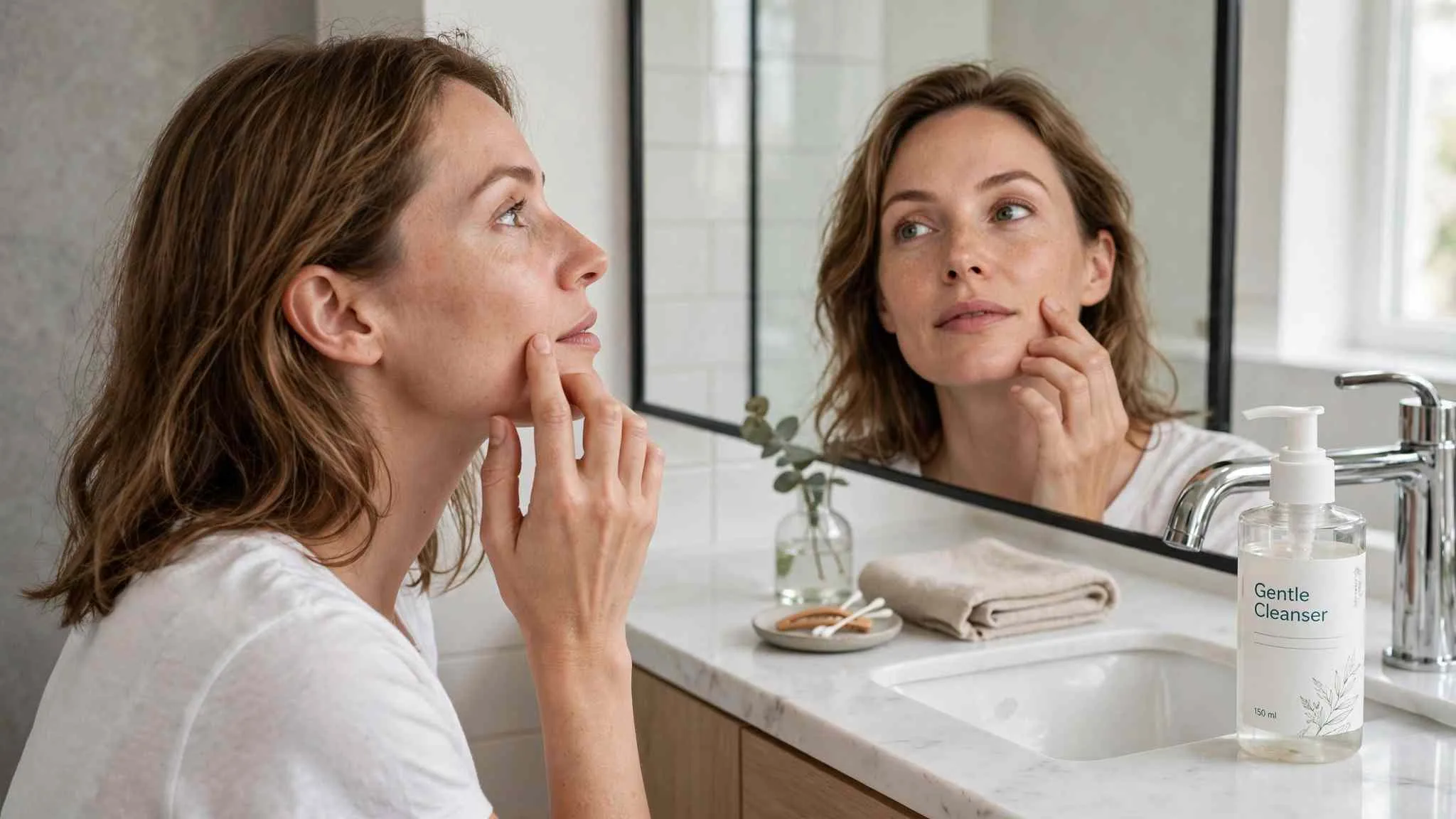 Woman checking her bare skin in a bright bathroom mirror for how to find your skin type, a labeled gentle cleanser beside the sink