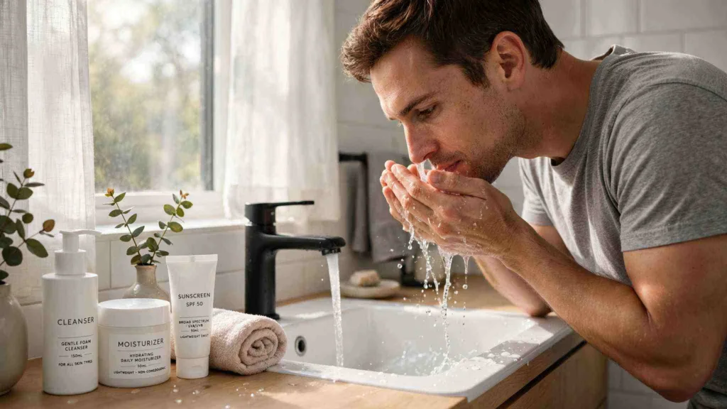 skincare routine for men — morning essentials laid out on a bathroom counter