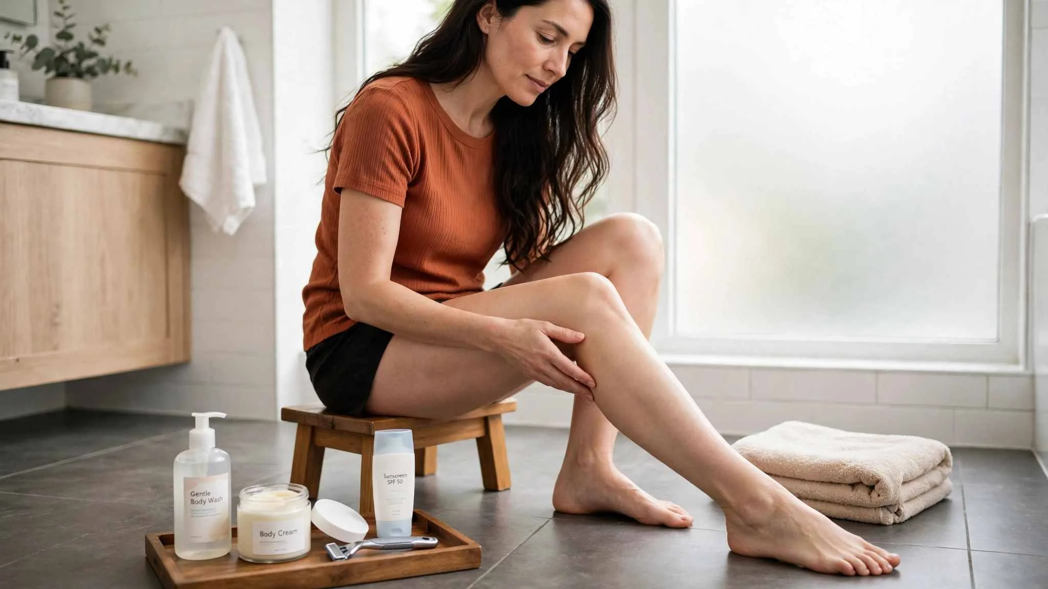 Woman sitting with one leg extended in a bright bathroom as part of a smooth legs routine, with body wash, an open body cream jar, a razor, and sunscreen arranged on a tray