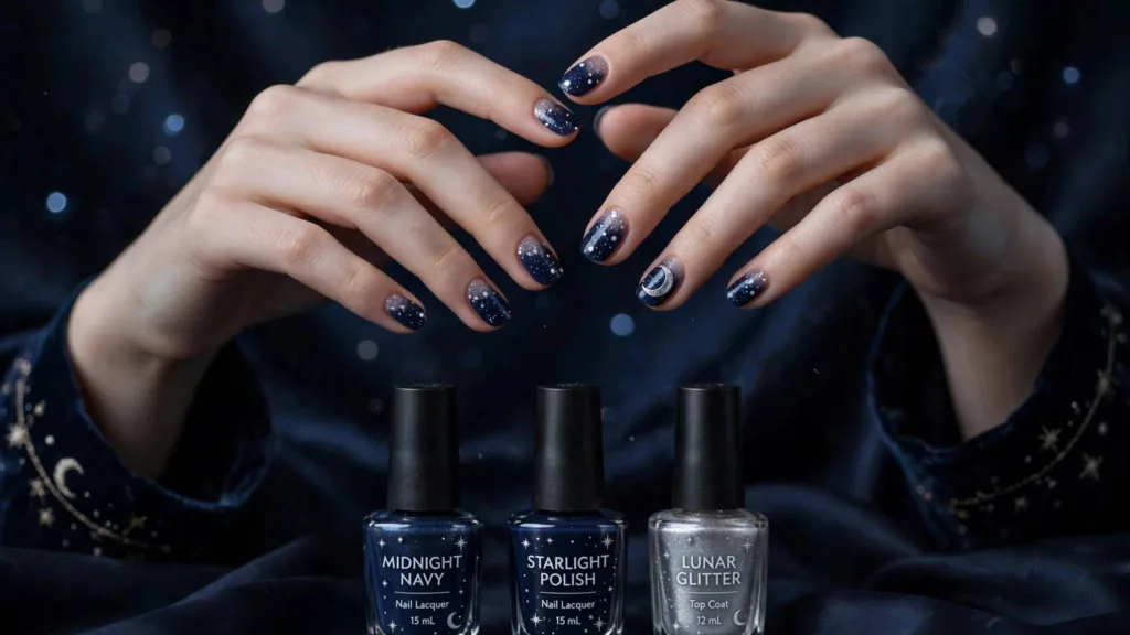 Starry night nails: deep navy nails with white star dots, silver glitter topper and a silver crescent moon accent, with labeled nail polish bottles on dark silk