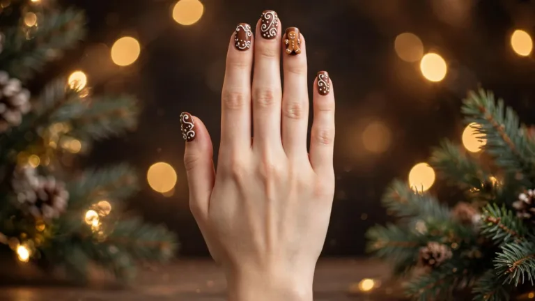 Gingerbread nails in cocoa brown with white piped icing details and a tiny gingerbread man accent, shown on a complete hand in dorsal view