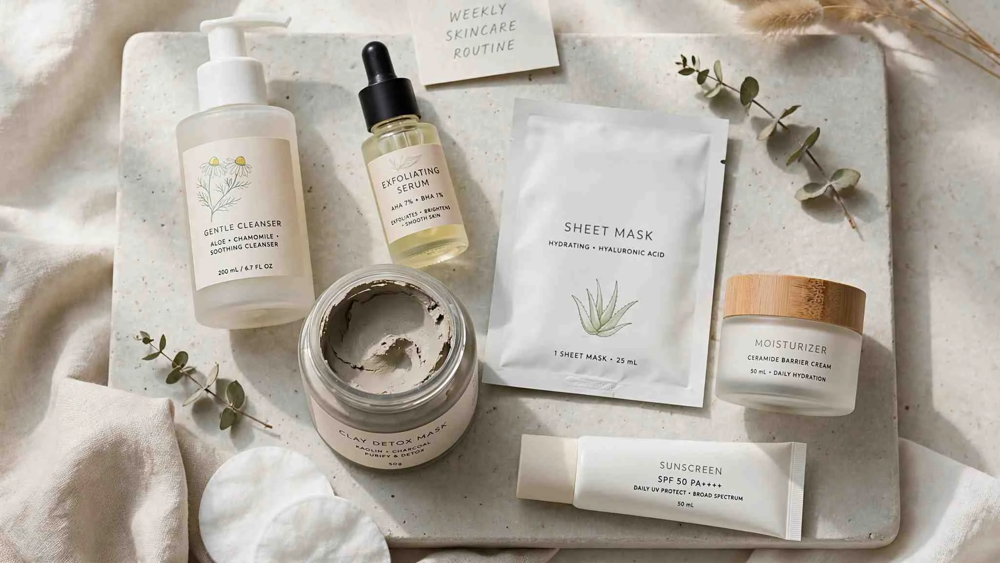A weekly skincare routine flat lay with cleanser, exfoliating serum, clay mask, sheet mask, moisturizer and sunscreen