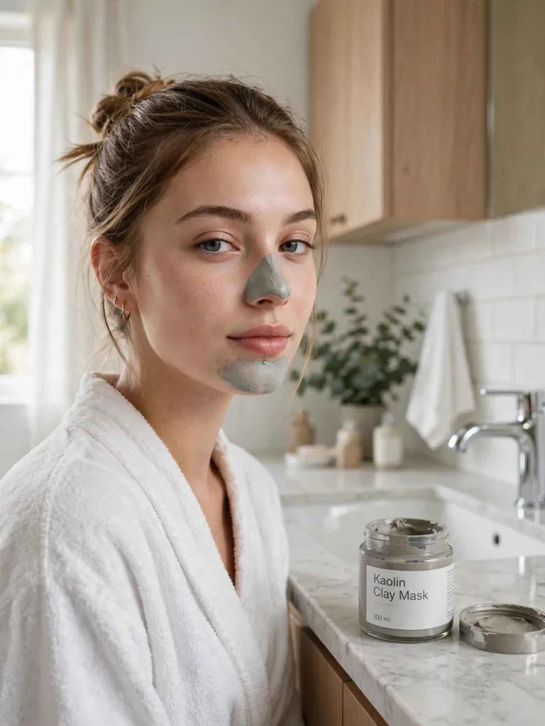 Woman with a thin clay mask on her nose and chin beside a labeled kaolin clay mask jar in a bright bathroom