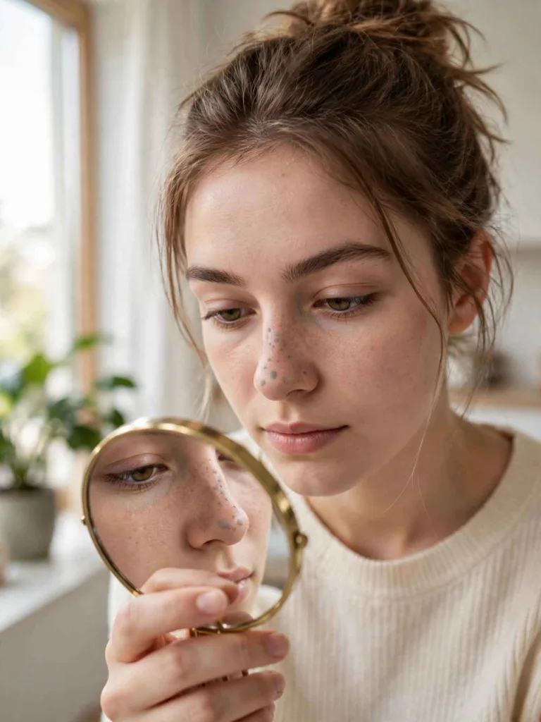 Close view of a woman checking grey dots on nose in normal light while comparing sebaceous filaments and blackheads