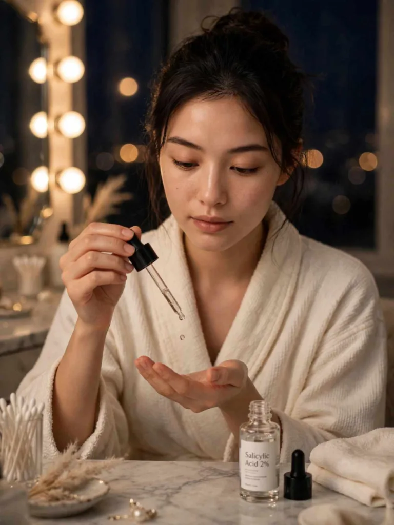 Woman applying a labeled salicylic acid 2 percent serum with a dropper with rubber bulb cap at a bright vanity