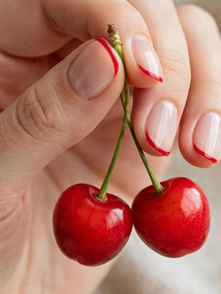 Cherry red French tip nails with a sheer nude base