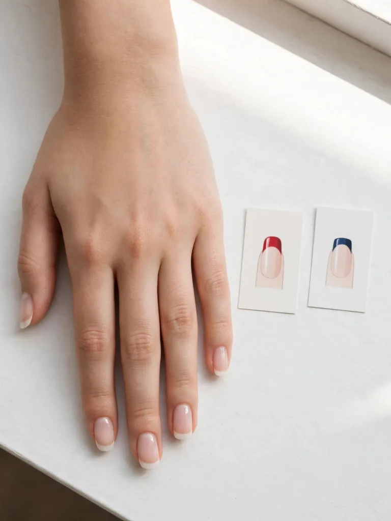 Hands with French girl nails in three tip styles for choosing a look